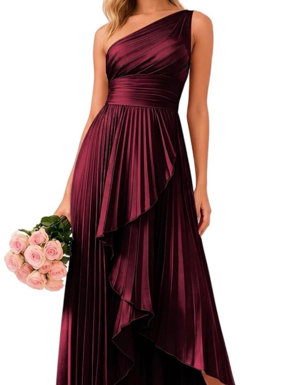 Women’s One-Shoulder Burgundy Pleated Evening Dress